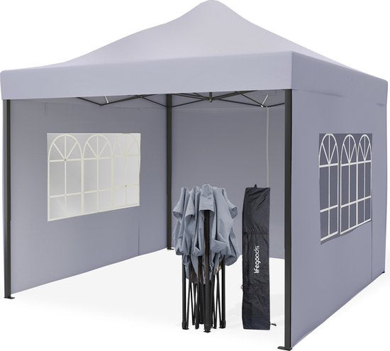 LifeGoods Partytent - Paviljoen - Easy Up - Opvouwbaar - Met Zijwanden - Waterdicht - Met Draagtas Met Wieltjes - 292 x 292 cm – Donkergrijs