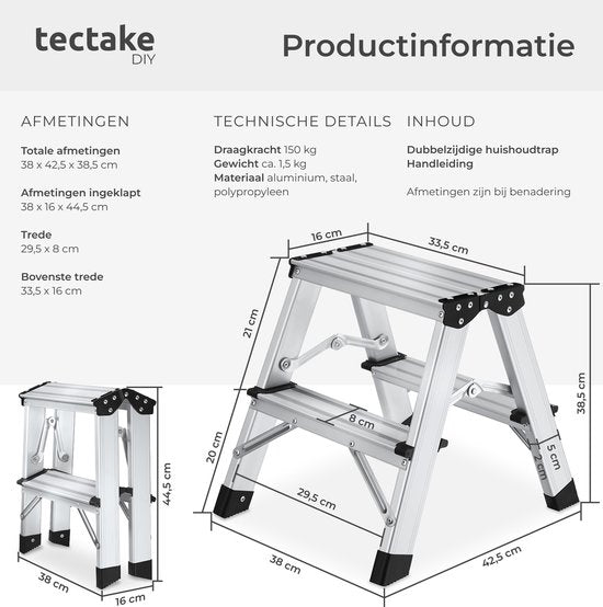 tectake® Dubbelzijdige Aluminium Keukentrap - 2 Treden - 38,5 cm - Stevige Trap Ladder - Opklapbaar Opstapje - Antislip Huishoudtrap