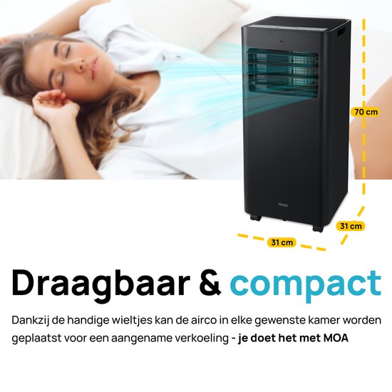 MOA Mobiele Airco - 7.000 BTU - Met Afstandbediening - Tot 22m² - Voor o.a. Woonkamer en Slaapkamer - Airconditioner met Ontvochtigingsfunctie - Raamafdichtingskit - Zwart