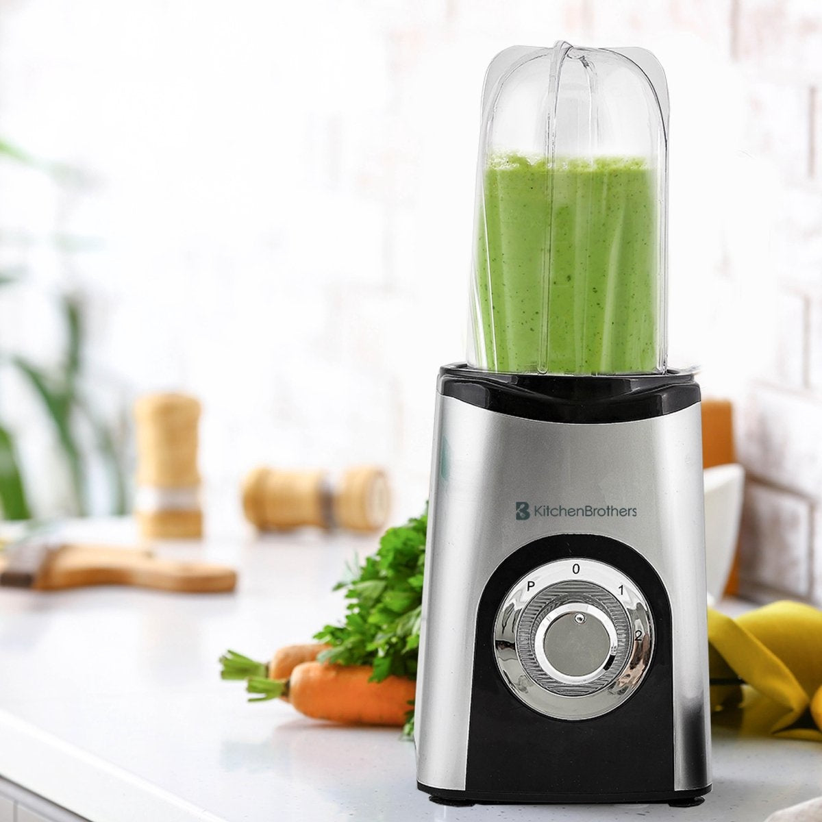KitchenBrothers Smoothie Blender - 2-in-1 Mini Blender - 4 Bekers - Zilver