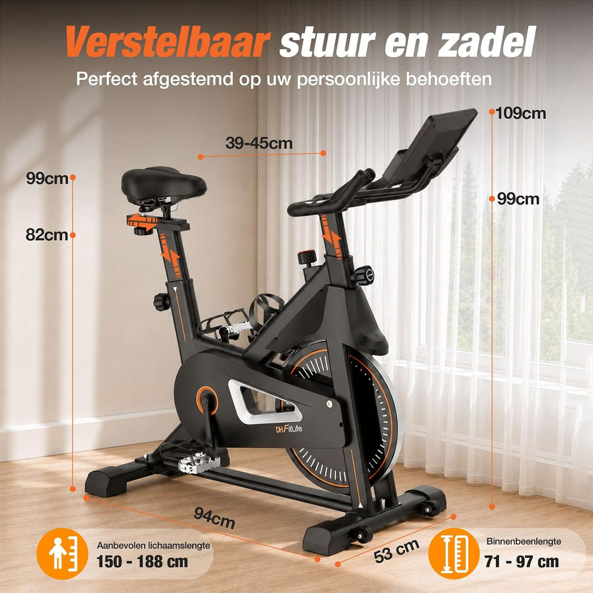DH FitLife Magnetische Hometrainer - Zwart - 120 x 53 x 110 cm - Stil, Verstelbaar, Hartslagmeter