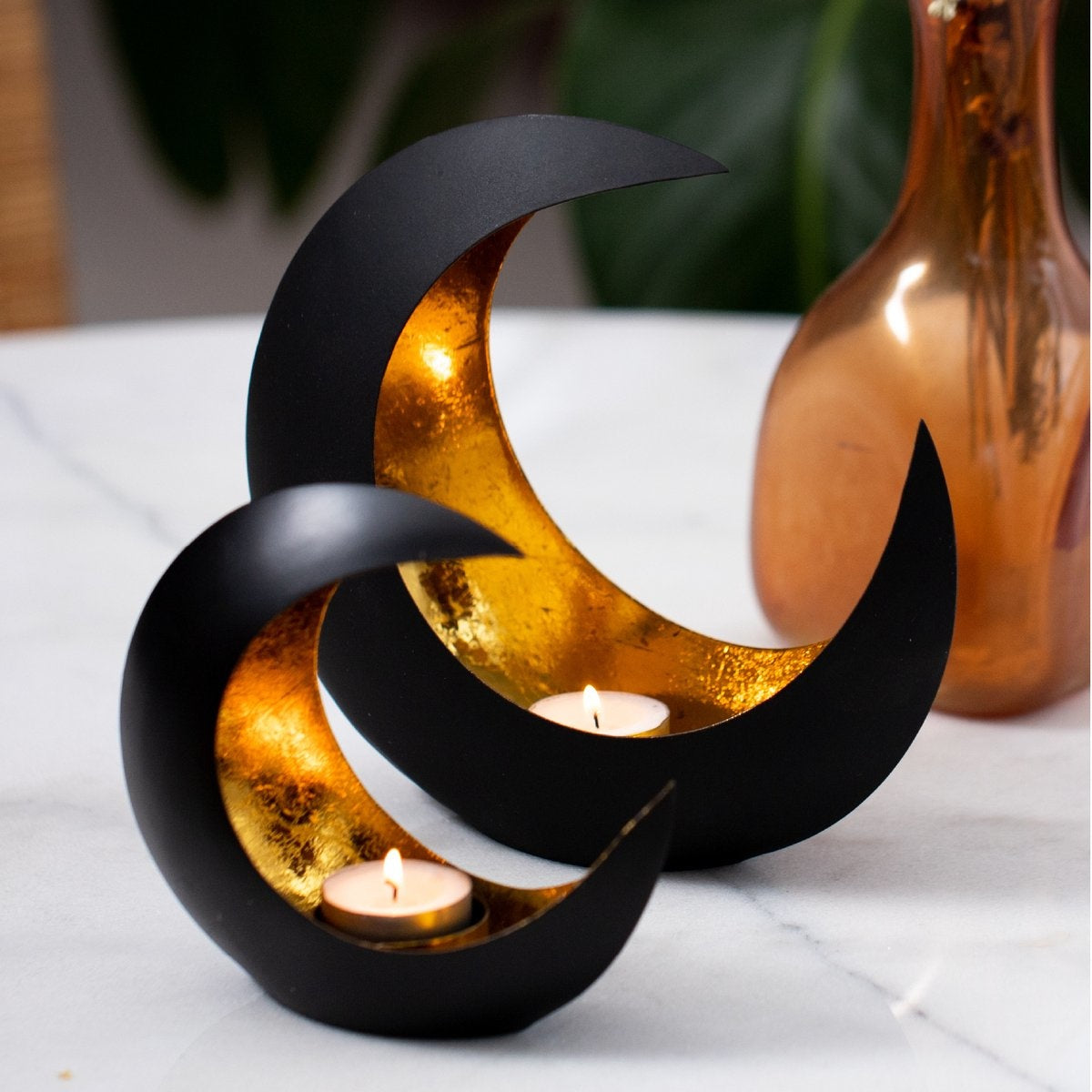 Gadgy Waxinelichthouder Maan - Theelichthouder – Set van 2: 15 cm en 21 cm – Zwart / Goud - Metaal