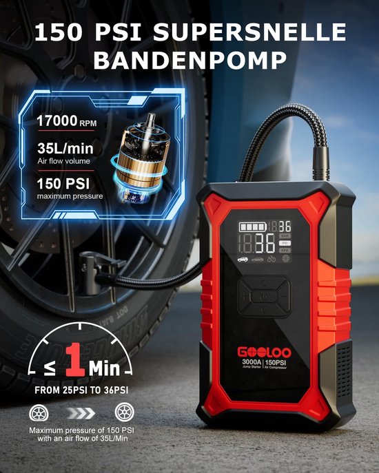 GOOLOO A3 - Draagbare Jumpstarter met Compressor & Powerbank - 3000A - 12V Voertuigen - USB Snelladen - Compact Design - LED Zaklamp - Voor Auto, Motor & Boot