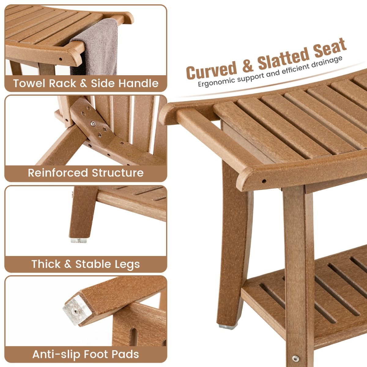 Coast Douchekruk - waterdicht - gebogen zitting - opbergplank - bruin - 60,5 x 34 x 48 cm