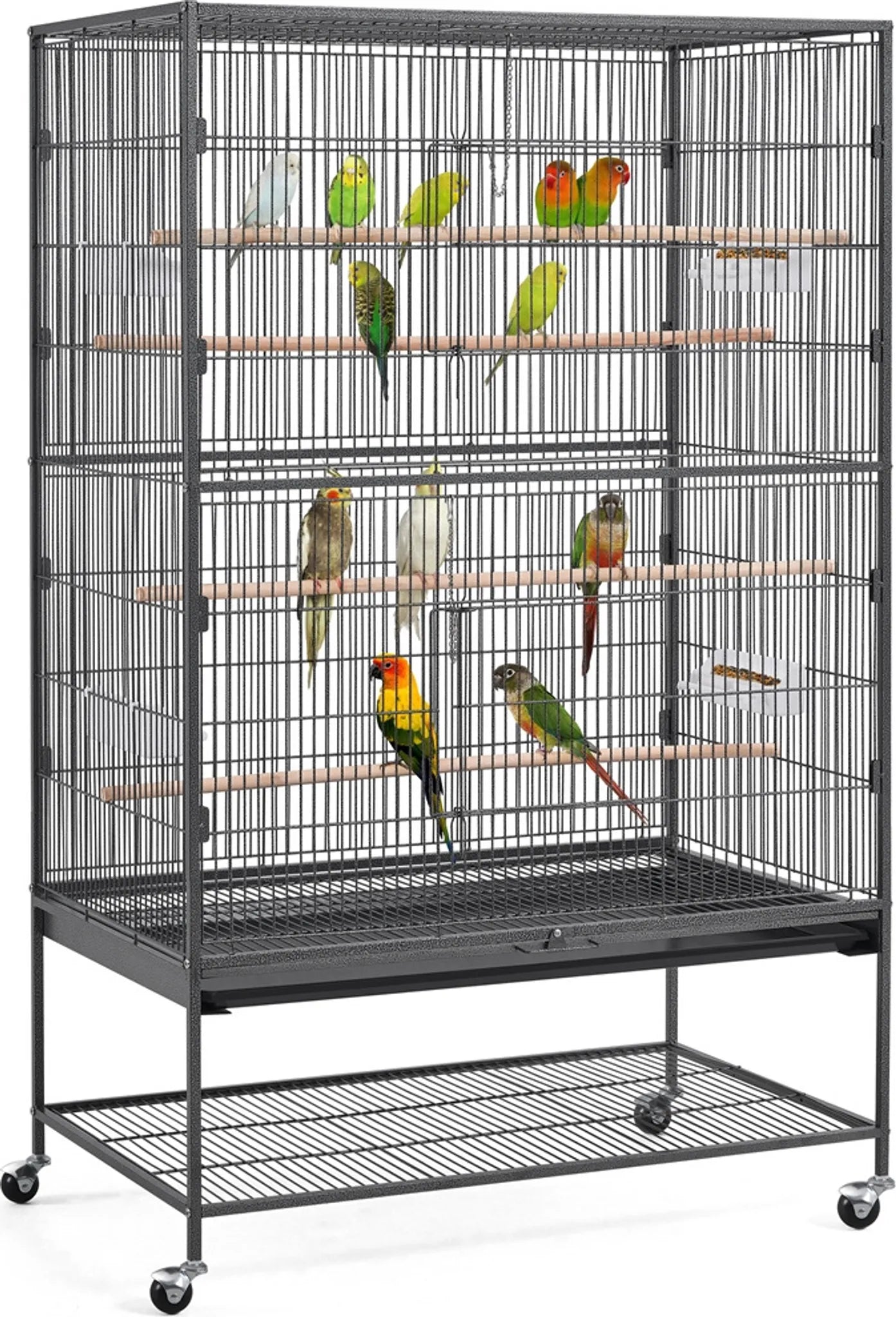 Yaheetech XXL Vogelkooi Met 360° Zwenkwielen – Voorzien Van Onderste Opbergplank En 4 Zitstokken En Verwijderbare Bodemplaat – Voor Parkieten En Valkparkieten – Zwart Metaal – 93,5 x 56,5 x 153 cm