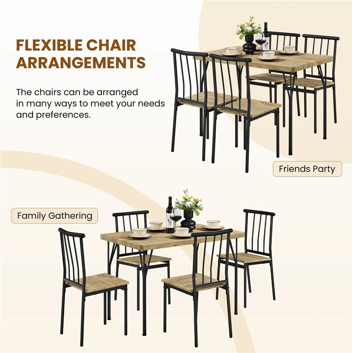 Yaheetech 5-delige eethoek voor 4 personen - Tafel met 4 stoelen - 110 x 70 x 76,5 cm - Bruin