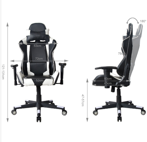 VDD HUKY1010_WITZWART Gamingstoel - Verstelbare Rugleuning 180° - 360° Draaibaar - 120-130 cm - Zwart/Wit
