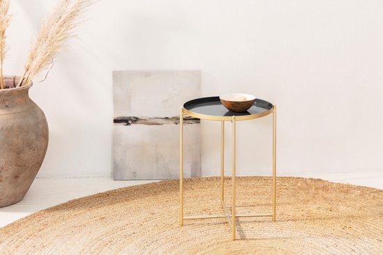 LIFA LIVING Bijzettafel Modern - Grijs & Gouden Koffietafel - Rond - Metaal - Voor Woonkamer, Slaapkamer of Kantoor - 37,5 x 47,5 cm