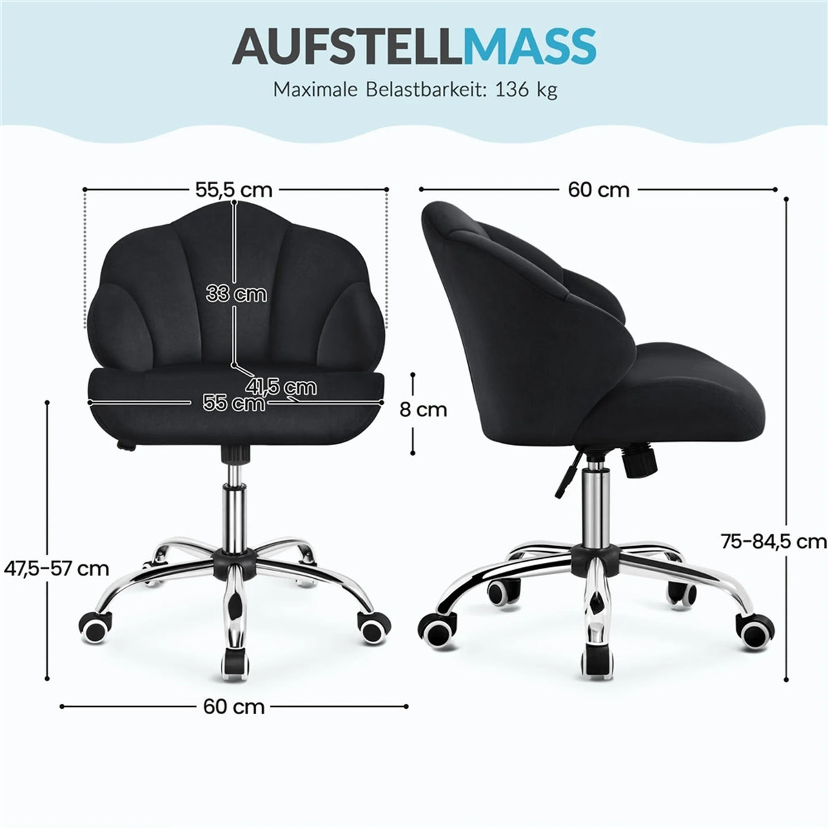 Yaheetech Elegante Draaistoel met Schelpdesign 76,5-86 cm – Strak Zwart – Polyester en Metaal