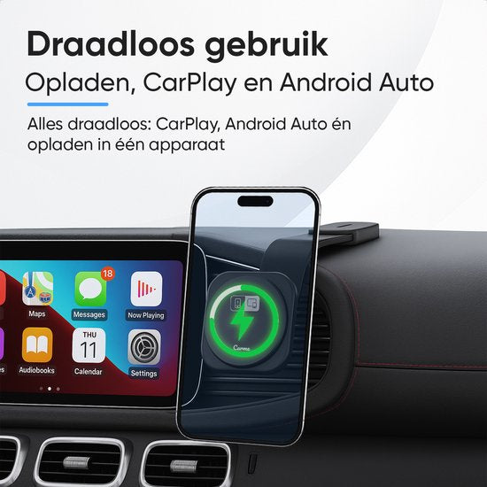 CarMe 4-in-1 CarPlay Dongle Pro - Met Draadloze Oplader - Draadloos CarPlay & Android Auto - Android Auto Dongle - MagSafe Autohouder - Zwart