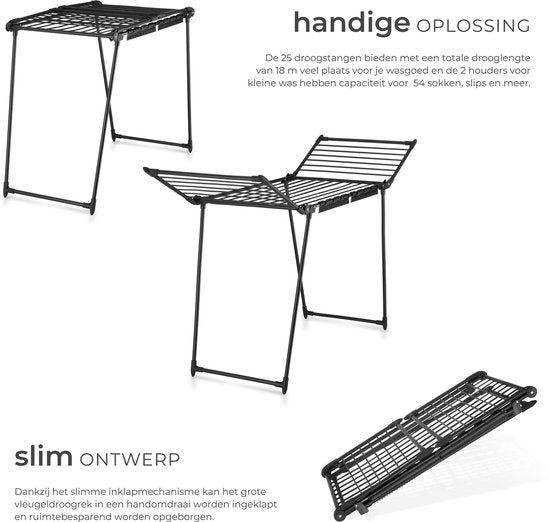 tectake® Droogrek - Wasrek - 18 Meter Drooglengte - Inklapbaar - Staand - Droogrekken met 2 Houders voor Kleine Was - Hoge Zijvleugels voor Lange Kleding - Zwart
