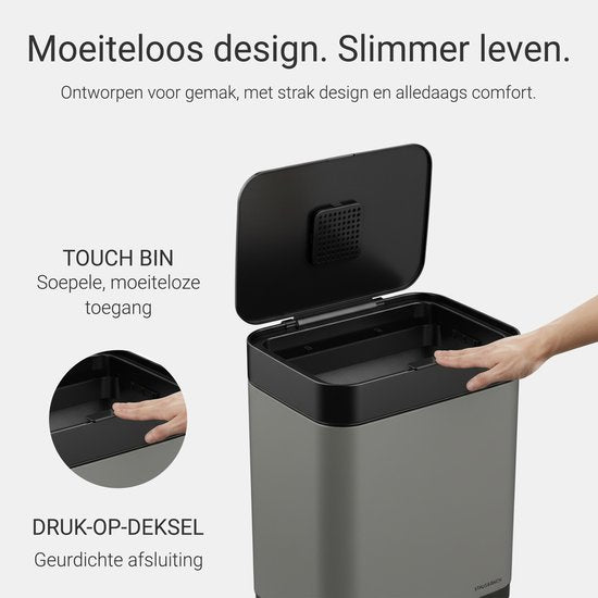 Prullenbak 60 liter - Inclusief afvalscheiderringen 2x 30 liter - 2 vakken - RVS - Graphite grijs - 42x33x76cm - STAUS&BACH Nuvio