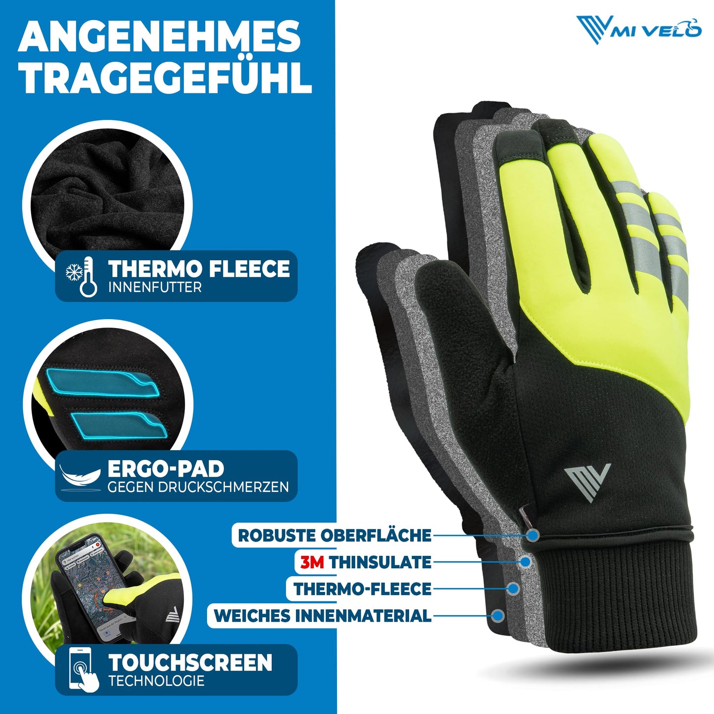 MIVELO heren fiets handschoenen winter - thermo fleece - waterdicht en winddicht - touchscreen geschikt - geel - XXL