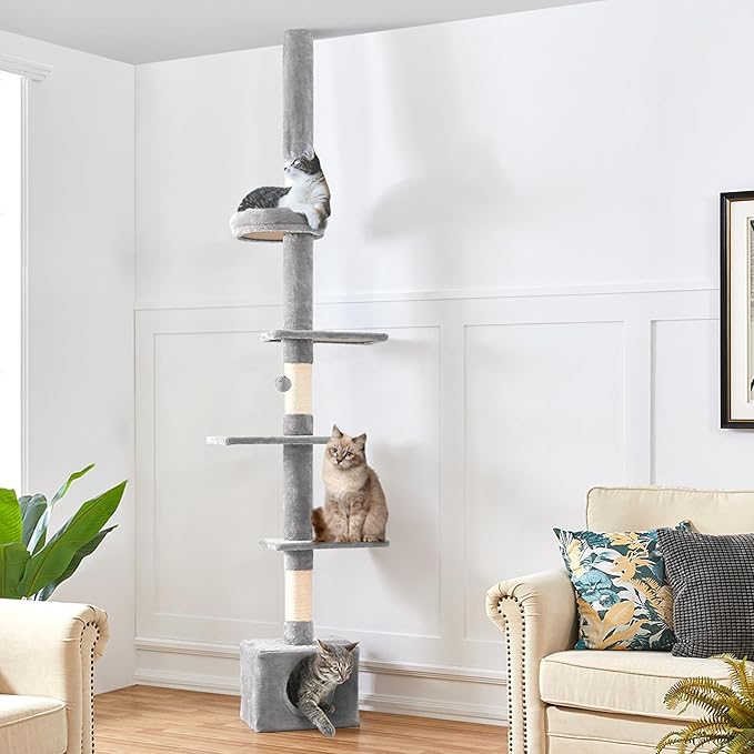 Yaheetech Plafond Krabpaal 226-265,5 cm - Lichtgrijs - Verstelbare Kattenboom met Kattenhuis en 5 Niveaus