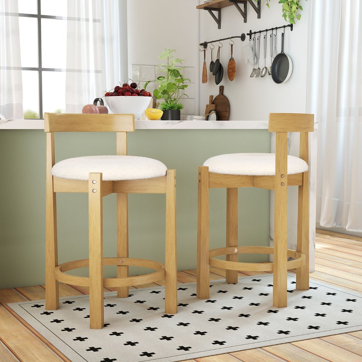 Coast Barkrukken Set van 2 - met rugleuning en voetsteun - teddyvelours zitting - zithoogte 62 cm - natuur en beige