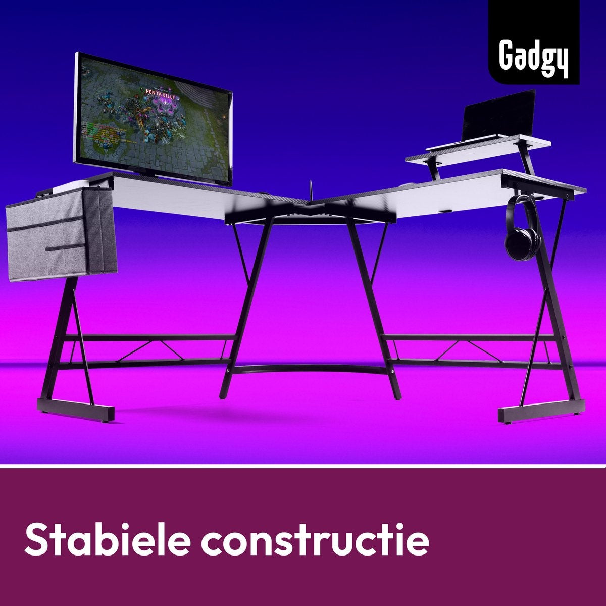 Gadgy Game Bureau Carbon PRO - Gaming HoekBureau 130 CM Breed - Gaming Bureau met Carbon Details - Gaming Desk L-vorm met Koptelefoonhouder, Scherm Verhoging & Opbergmand - Level Up met Gadgy - Zwart Carbon