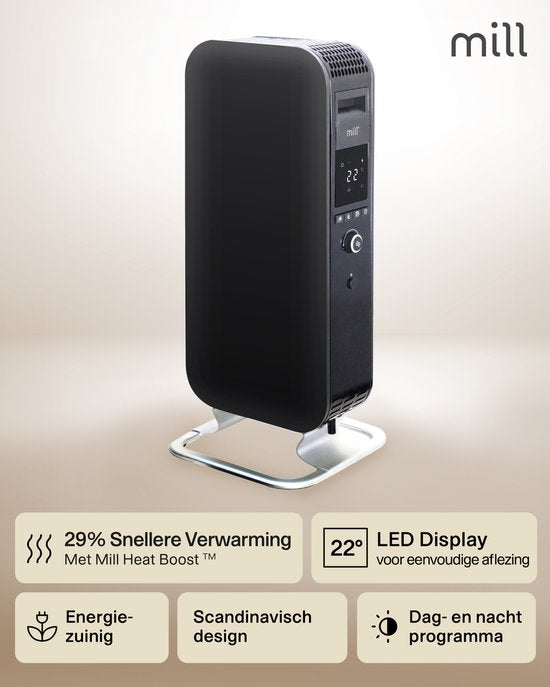 Mill AB-H1000DN BLACK - design olieradiator - 1000 Watt - droogt de lucht niet uit - stil - zwart - 5 jaar garantie