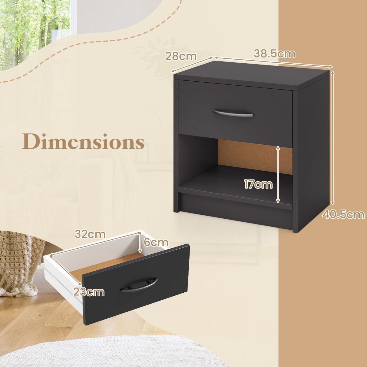 Coast Nachtkastje met lade - open opbergplank - compact ontwerp - 38,5 x 28 x 40,5 cm - bruin en zwart