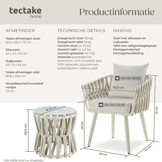 tectake® Tuinset Lugano - Tuinstoel - Loungestoel met Bijzettafel - Buitenstoel in Rope-Design met Aluminium Frame - Buiten Fauteuil met Dikke Kussens - Loungeset voor Tuin of Balkon - Terrasstoel - UV- en Weerbestendig - Beige