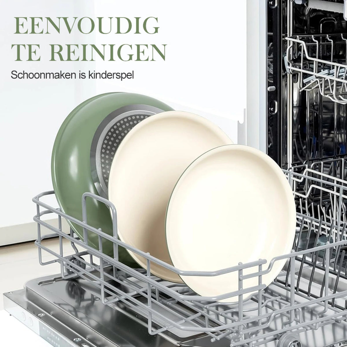 Michelangelo Koekenpannenset 4-delig - Keramische Antiaanbaklaag - Afneembare Handgreep - Inductie - Groen