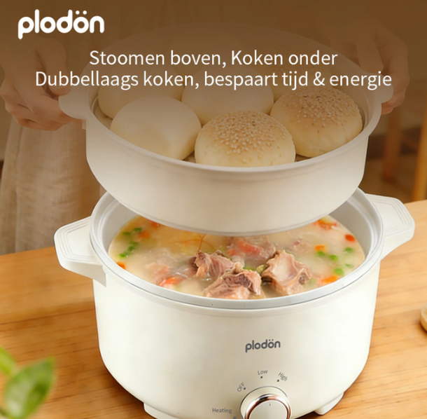 Plodon Elektrische Hotpot 2,4L - Antiaanbaklaag - 27 x 22 cm - Met Stoommandje