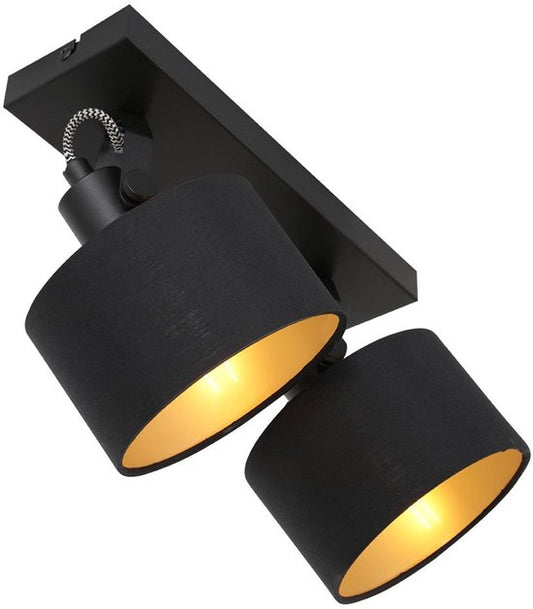 2 Lichts Spot Ornoir 3334ZW Zwart met Goudkleurige Lampenkapjes, Draaibaar en Kantelbaar, Metaal en Textiel, Modern, Mexlite, Binnen