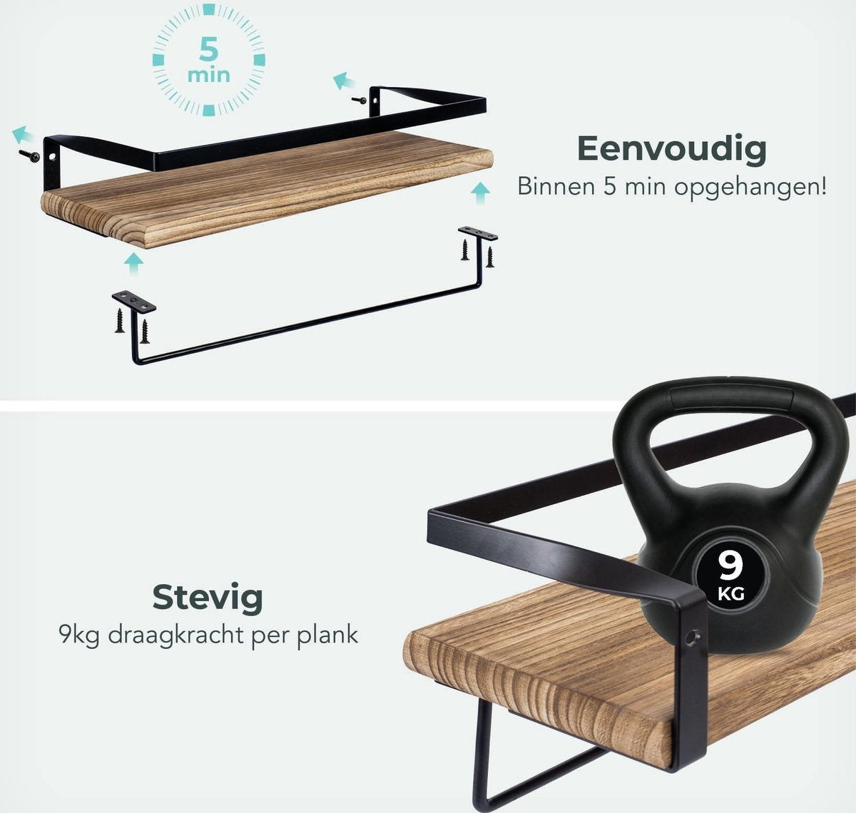 LifeGoods Zwevende Wandplank - 2 Stuks - 41cm - Handdoekhouder en 8 Haakjes - Industrieel - Hout - Bruin/Zwart