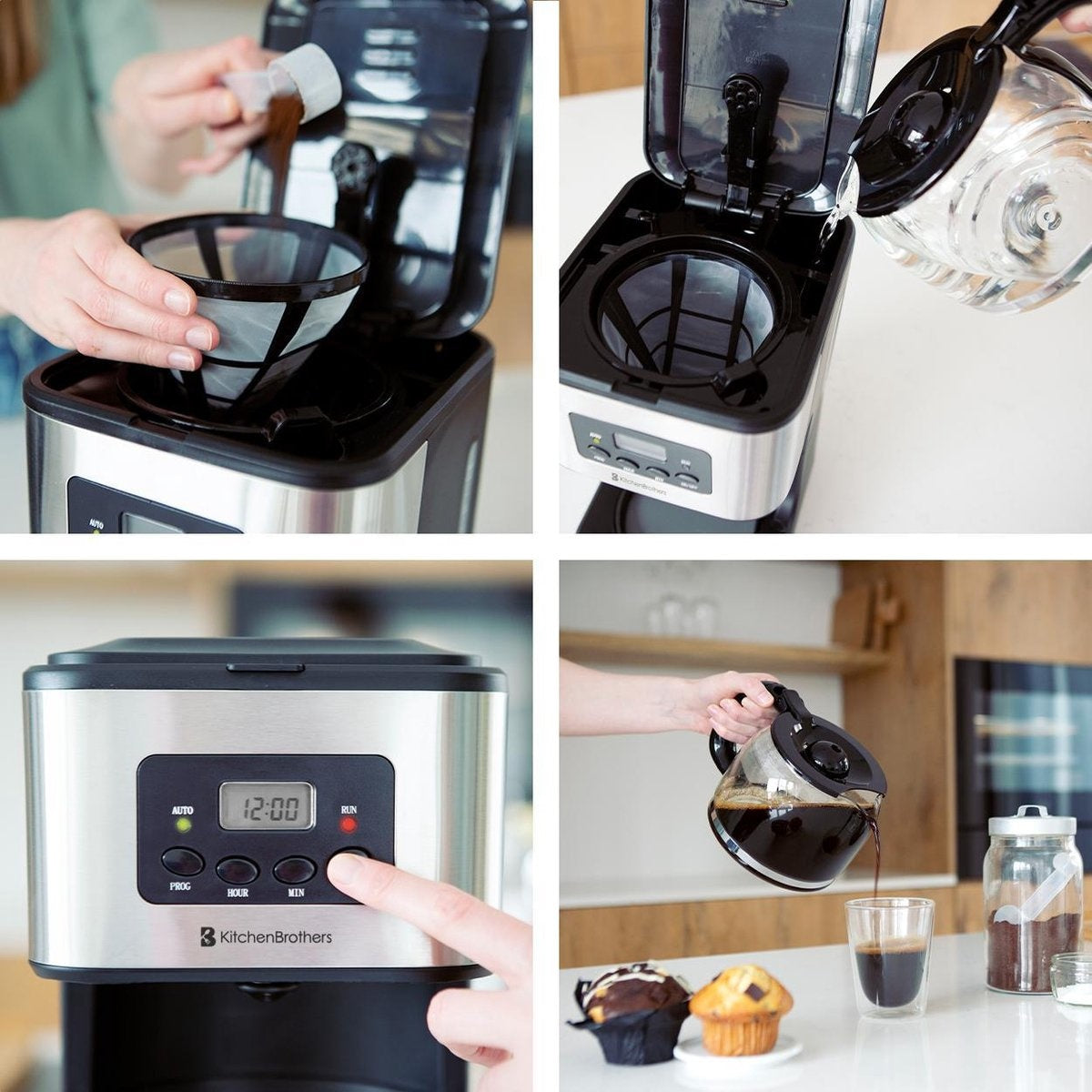 KitchenBrothers Koffiezetapparaat - Koffiemachine incl. Glazen Kan - 1,5L - Herbruikbare filter - Timerfunctie - Zwart/RVS