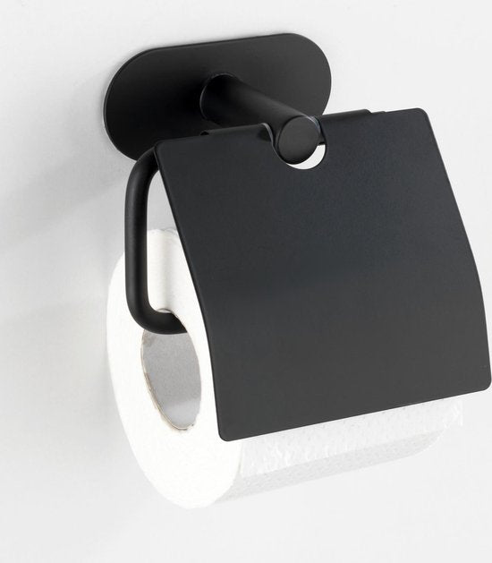 WENKO Turbo-Loc® Toiletrolhouder met klep Orea RVS zwart mat - Toiletpapier houder - WC Rolhouder - Bevestigen zonder boren - Zelfklevend - 10 jaar garantie