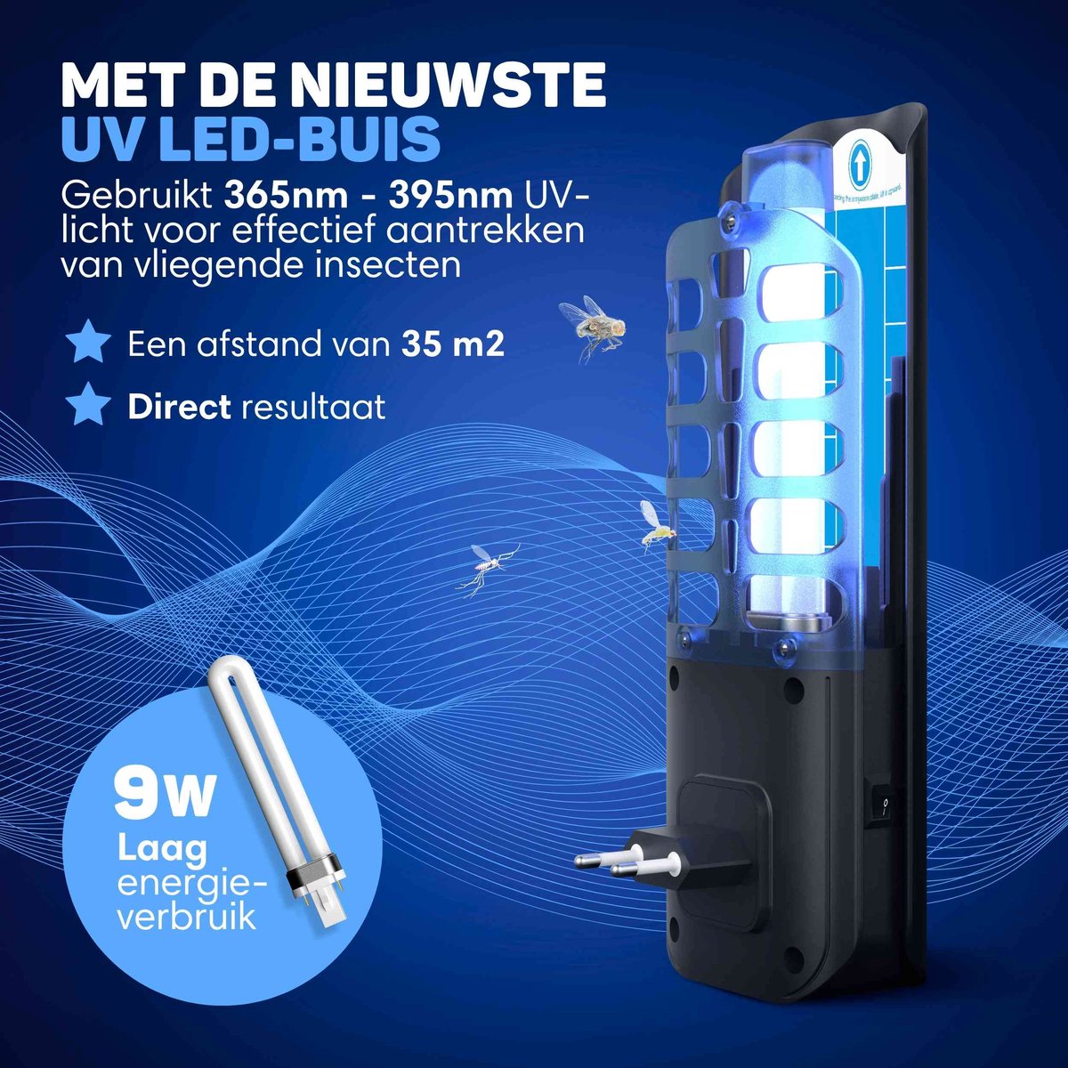 Vulpes Goods® Verjager Muggenlamp 9x9x25cm – Grijs – UV-LED Vliegenlamp met Plakstrip – Stil, Geurloos & Gifvrij – Inclusief 10 Navulbare Lijmplaten – Voor Binnengebruik