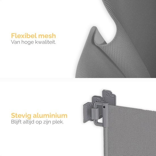 Goliving Oprolbaar Traphekje - Veiligheidshekje - Kinderhekje - Push & Turn - 10 tot 150 cm Breed - Aluminium frame - Mesh - Grijs