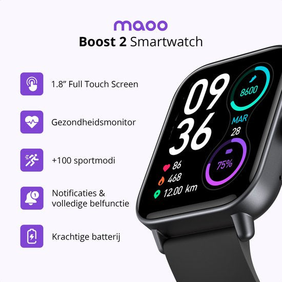 Maoo Boost 2 Smartwatch Dames & Heren – Volledige Belfunctie, WhatsApp & App-Notificaties – Hartslag, SpO₂, Slaapmonitor – Stappenteller, Calorieënteller – Multisport – IP68 Waterdicht – Android & iOS – Zwart