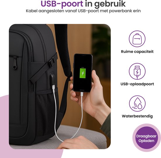 Gofun Rugzak – 35L – 15,6 inch – Waterafstotend & Anti-diefstal – USB-aansluiting – Rugtas – Schooltas – Laptoptas – Zwart