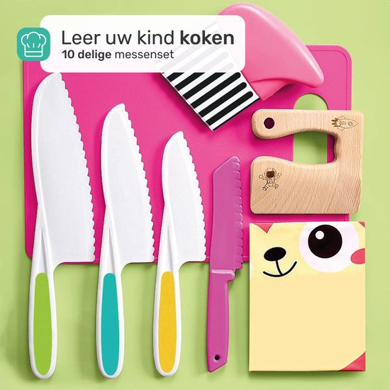Qwali XL Montessori Kinder messen Set - 9 Delig - incl. snijplank en schort - Veilig - Koken - Bestek Mes - Mesjes voor kinderen - Keuken mes