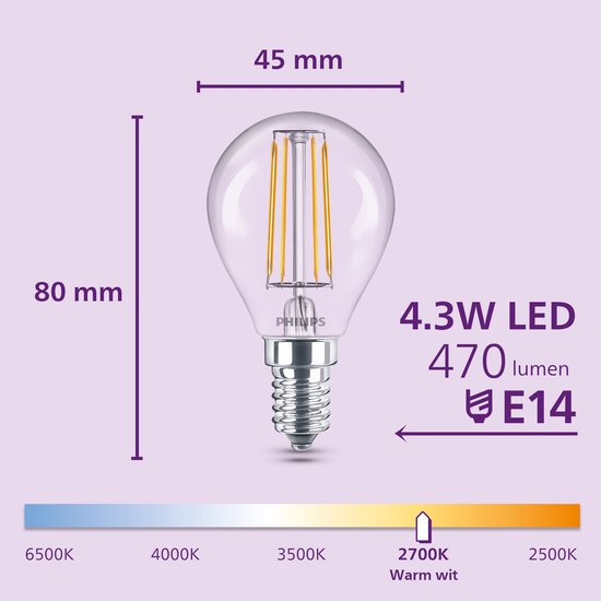 Philips LED lamp transparant - 40W - E14 fitting - Warmwit licht; 2700K - 6-pack