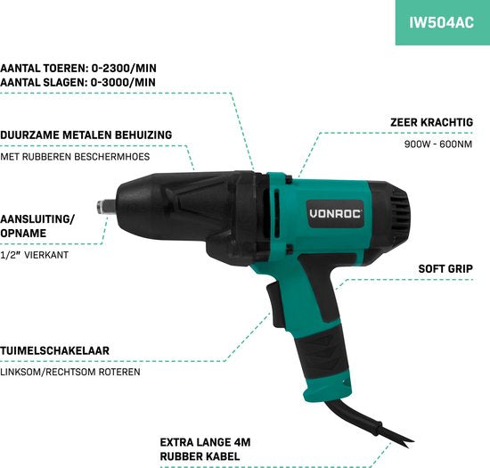 VONROC Slagmoersleutel 950W - 600Nm - 1/2” opname - Incl. 4 moerdoppen - 4m kabel - Soft Grip – geschikt voor banden verwisselen