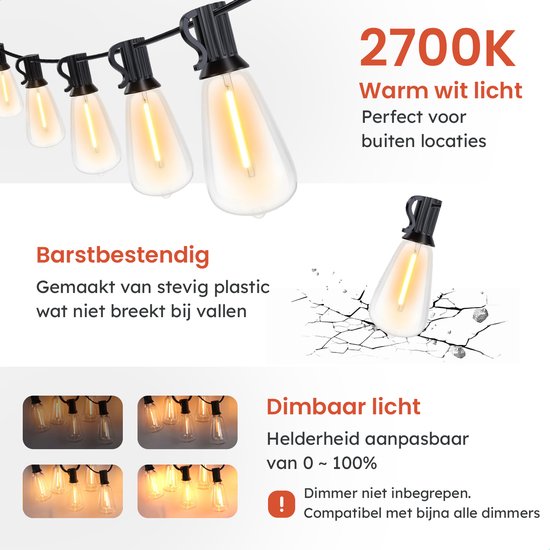 Partizzle 15m LED Lichtsnoer Edison - 25 Lampjes Slinger - Waterdicht Kerst Lichtslinger voor Buiten Terras en Camping - Kerstverlichting / Tuinverlichting - 2700k / Warm Wit