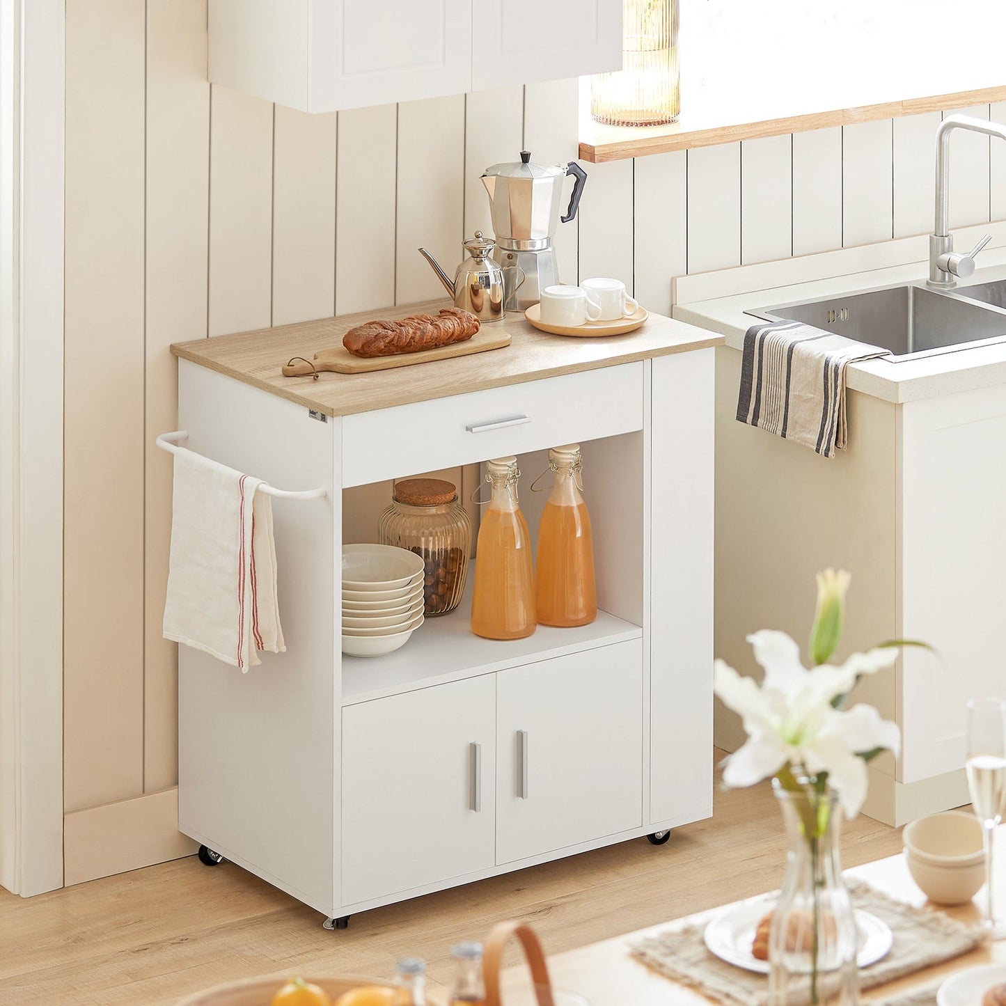 SoBuy Keukenwagen met 1 lade, 2 deuren & 3 opbergplanken - Max. 75KG - 75 x 46 x 83 cm - Wit