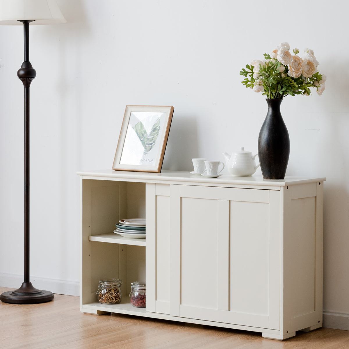 Coast Sideboard Sideboard keukenkast zijkast met schuifdeuren Wit/bruin 106,5 x 33 x 60 cm Beige