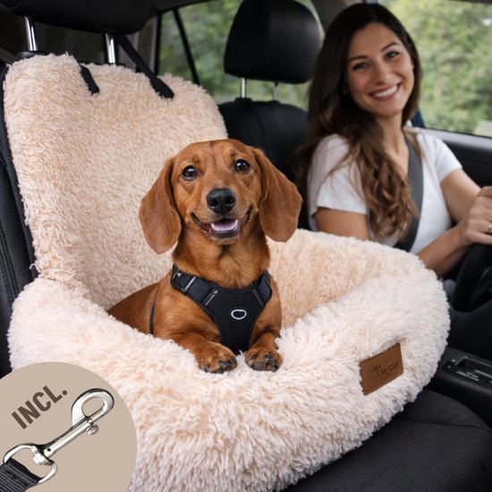 By Cee Cee Autostoel Hond Deluxe - Hondenmand Auto Met Veiligheidsriempje - Automand Hond - Hondenstoel - Autozitje - Beige - Maat S - Puck