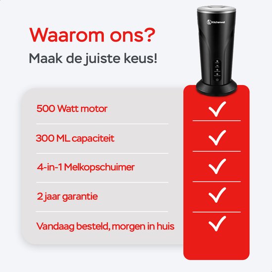 Kitchenwell Melkopschuimer Elektrisch - 4-in-1 - Melkopschuimers - Opschuimer Voor Melk - Milk Frother - Zwart
