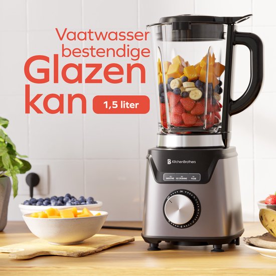 KitchenBrothers Blender Met Drinkfles - 1200W - BPA-vrij - 1.5L - Smoothie Maker - IJscrusher - Grijs