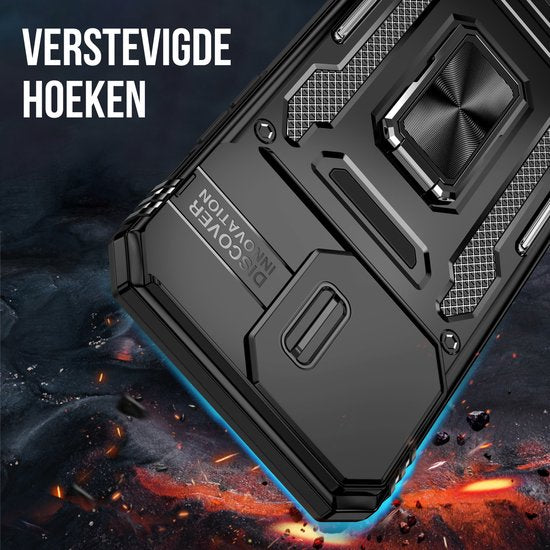 Podec Hoesje geschikt voor iPhone 15 Pro Max Zwart Telefoonhoesje - Anti-Shock Case Cover Hybrid Armor Hoes met Kickstand Ring met Screenprotector