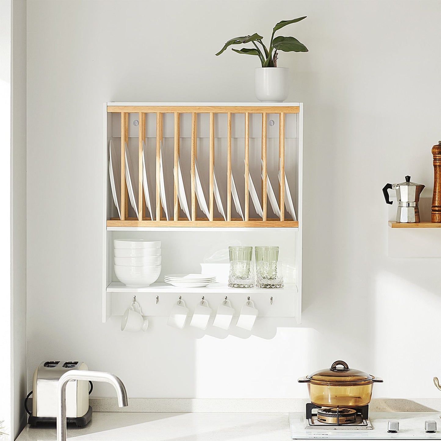 SoBuy Opbergkast met rek voor borden - Max. 10 kg - 64 x 24 x 71 cm - Wit/ Naturel