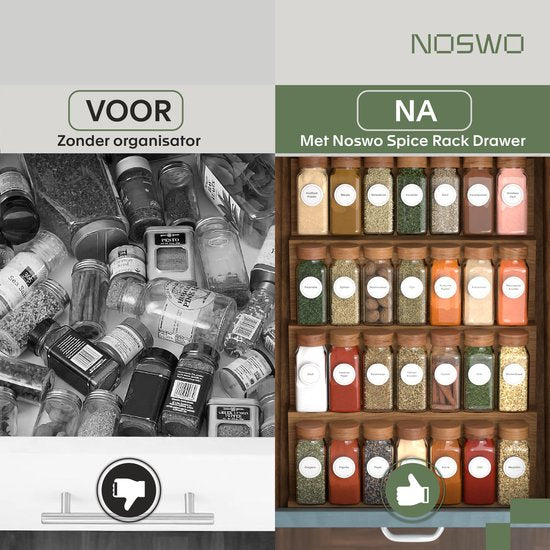 Noswo Kruidenrek Lade met 28 Potjes - Complete Set - Vierkant - Strooideksel en Labels - Kruiden Organizer - Keukenlade Organiser - Acacia