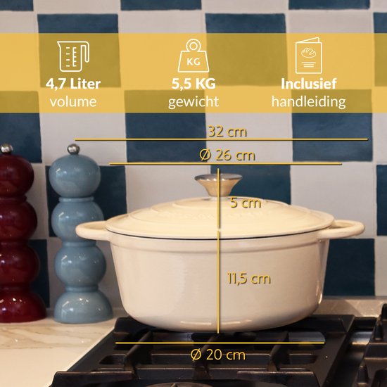Gietijzeren Pan Chefarone 4.7L - PFAS vrij - Braadpan Inclusief Deksel - Kookpan voor alle Warmtebronnen - Kookpot Ø 26CM - Geëmailleerd Creme Wit - Cadeau voor vrouwen