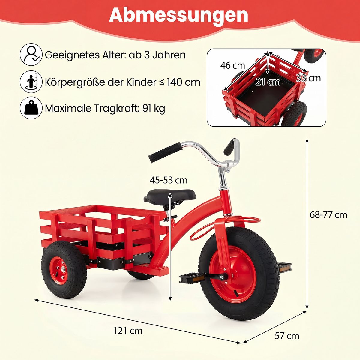 Coast Kinderdriewieler met verstelbaar stuur en zadel - met aanhanger - rood