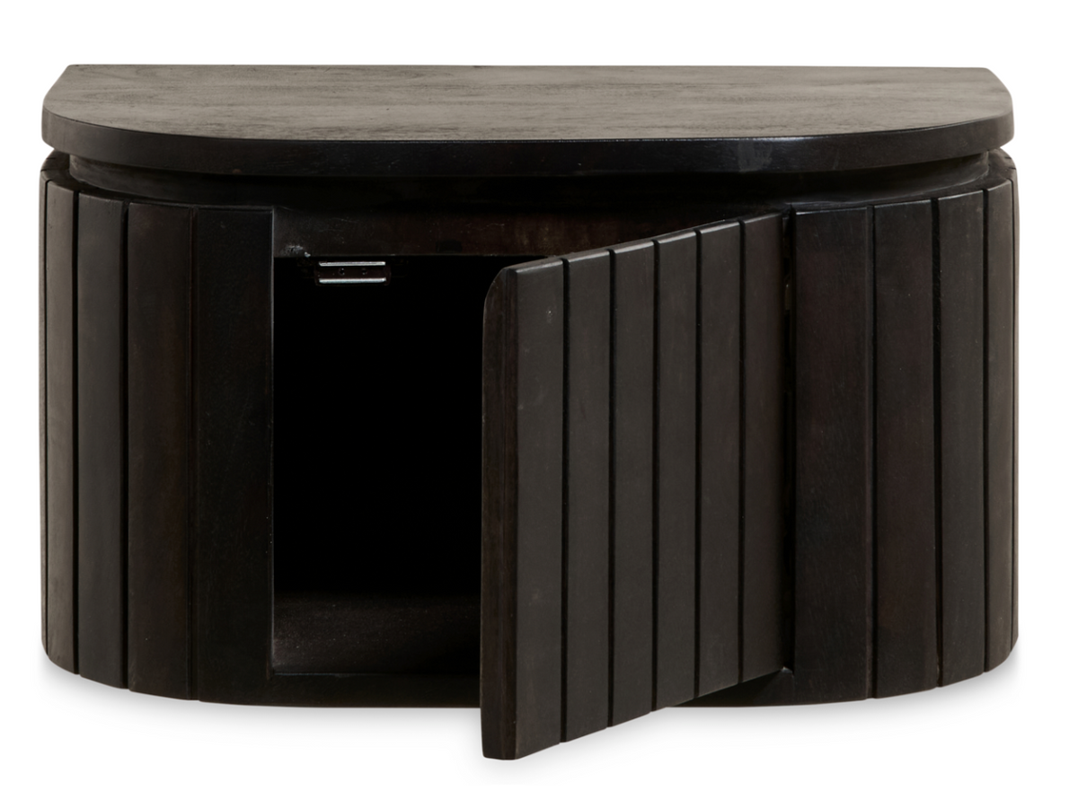 Multifurn Hangend Nachtkastje Mokka – 45 x 30 x 25 cm – Donkerbruin Mangohout Met Latjes-Design En Ronde Vorm – 1 Stuk