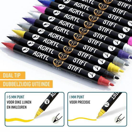 NAPI 72 Acrylstiften Dual Tip - Twinmarkers - Verfstiften Happy Stones - Stenen Schilderen met Acryl Verf Marker Stiften - Volwassenen en Kinderen - Incl. 5 Mandala Sjablonen