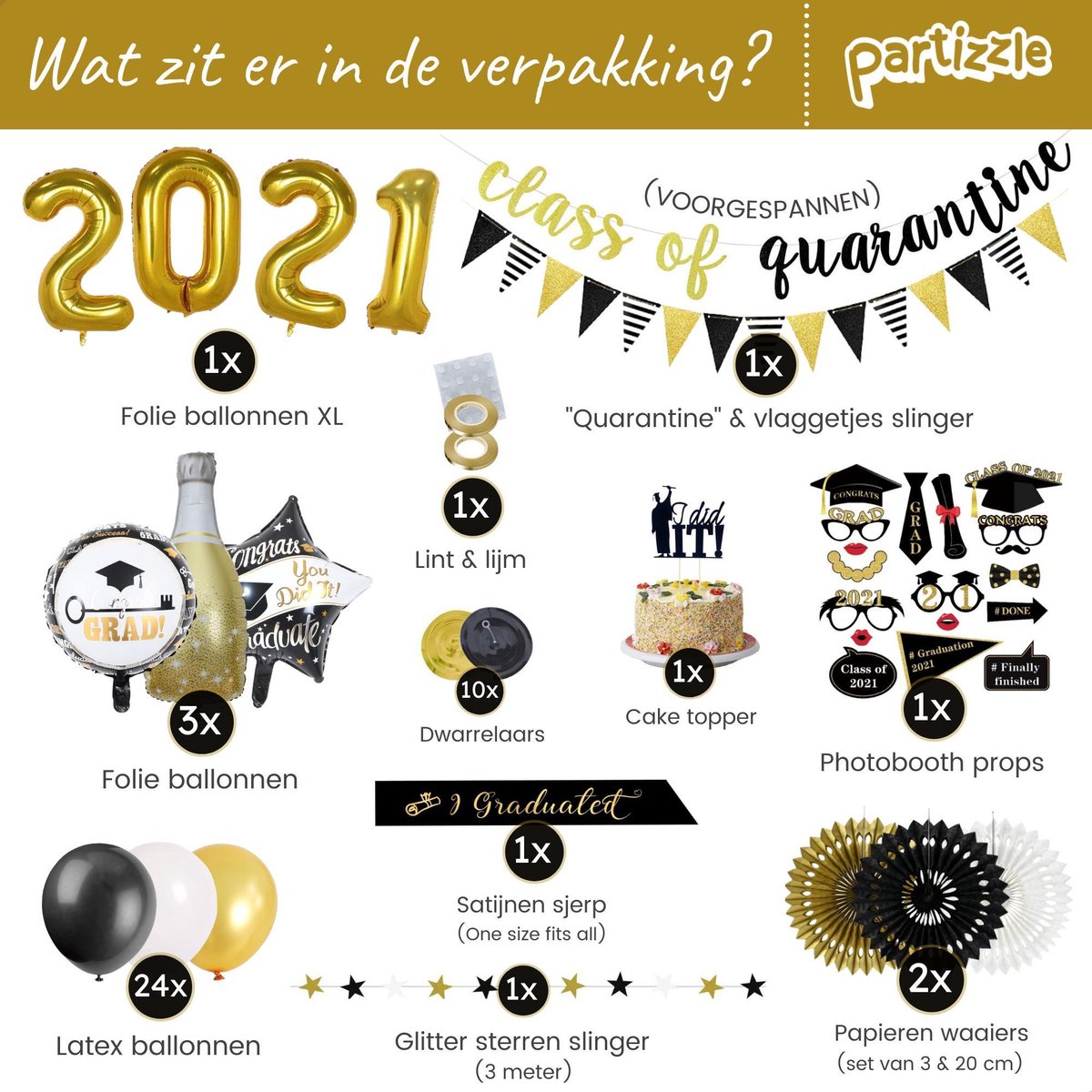 Partizzle Geslaagd Party Versiering Artikelen - Slinger & Ballonnen - Hoera Afgestudeerd Feestje - Graduation Feestartikelen - XL